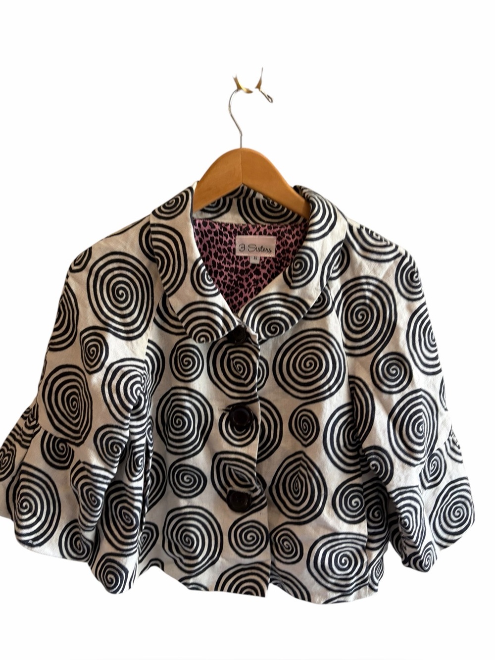 3 SISTERS Linen Tan Black Swirl Abstract Crop Jacket Teachercore OOAK
